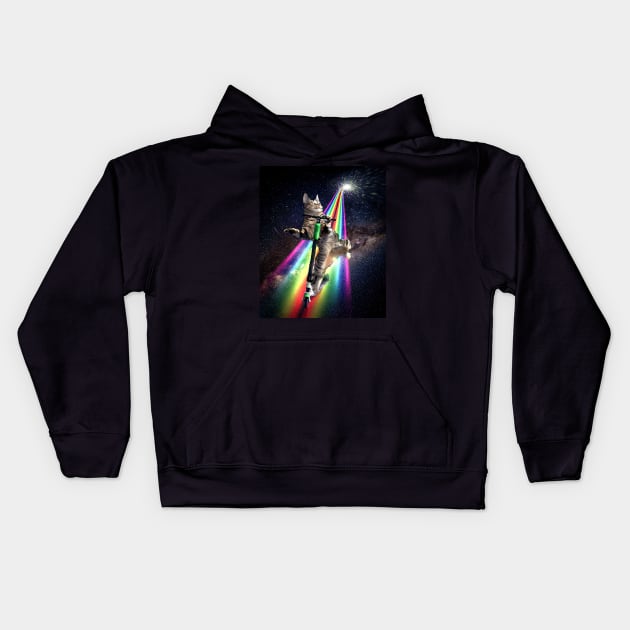 Galaxy Space Cat On Scooter Rainbow Kids Hoodie by Random Galaxy